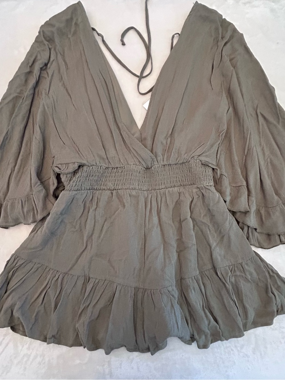 Deep V Smocked Waist Flowy Romper in Olive